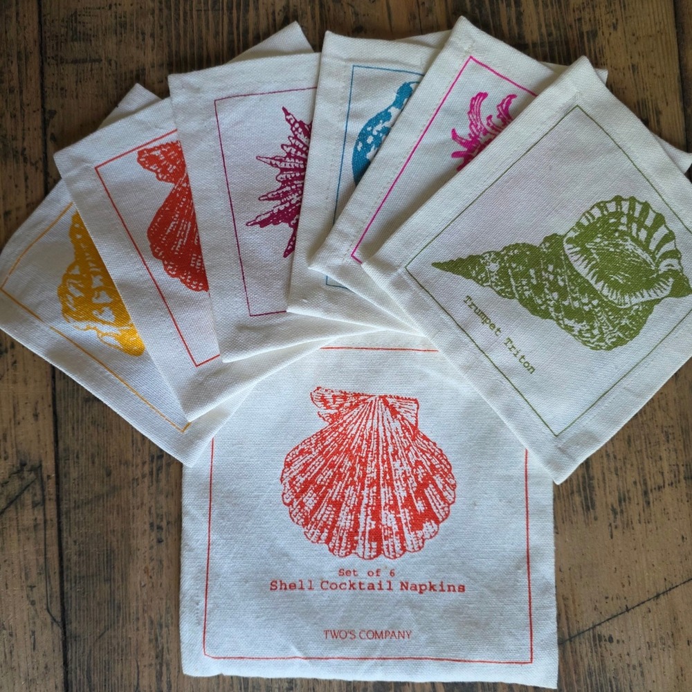 TWOS COMPANY Set 6‎ Cotton Shell Cocktail Napkins Coastal Beach Entertaining